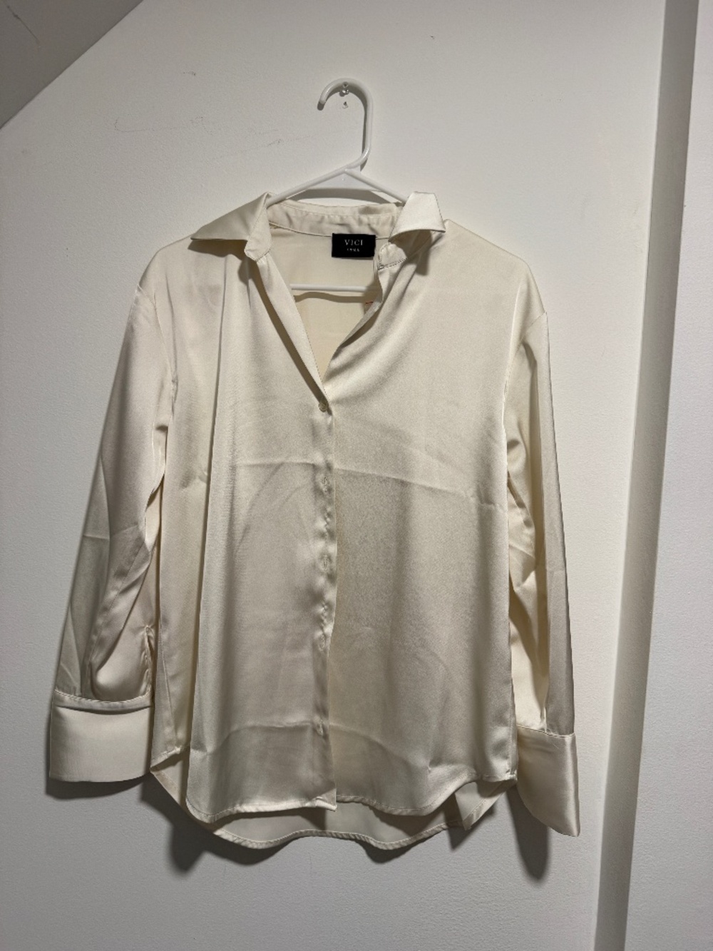 VICI Ivory Satin Button Down Blouse Small Silky Office Chic